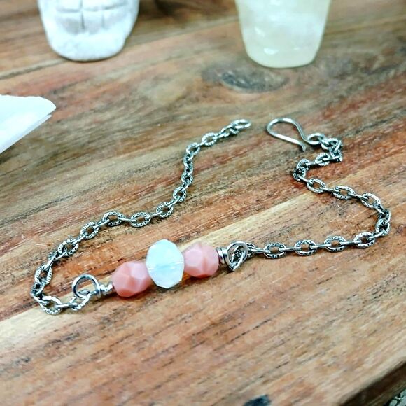 Czech Glass Beaded Anklet Bracelet, Pink Beaded Jewelry, 8" - Picture 4 of 4